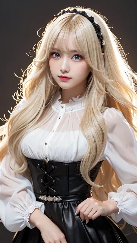 Gothic Lolita:2.0、forehead、round face:2.0、Curly Hair:2.0、Super Long Hair:2.0、cowboy shot:2.0、Extreme pose、white blonde Hair:1.0、Waist-length hair、Northern Europe:1.0、beautiful girl、White background、cute、Young、True Face、Shiny Hair、whole body、tab highest qua...