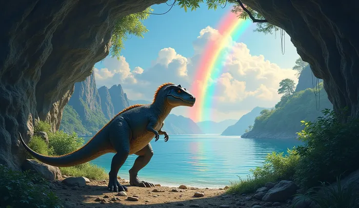 Create an image of a dinosaur stepping out of a cave and seeing a beautiful, magical lake with a rainbow over it.)