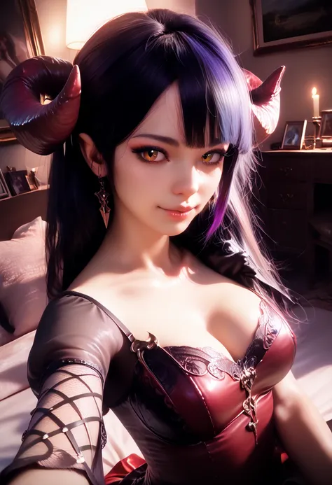 a demon woman, pov, dim lighting, thin waist, wide hips, (best quality,4k,8k,highres,masterpiece:1.2),ultra-detailed,(realistic,photorealistic,photo-realistic:1.37),high angle:1.4,perfect features, perfect face, gothic, fantasy, dark, dramatic lighting, in...