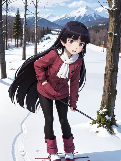 ruri gokou, woman,  long hair,   black hair,  steep snowy mountains , Ski, Skiウェア,  snowy trees 々,  crossing large rocks,  spirit of challenge ,  the sound of stepping on snow ,  harsh nature , Winter sense of adventure ,  cold and beautiful , full body