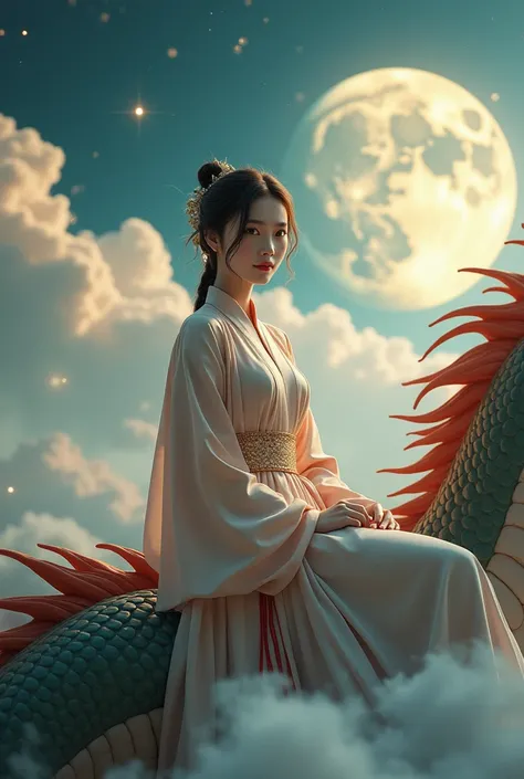 Cinematic realistic photo of a beautiful Korean woman in a long cropped middle belt wearing a Chinese style dress sitting on a dragon looking at the camera against a background of beautiful clouds decorated with full moon and stars 