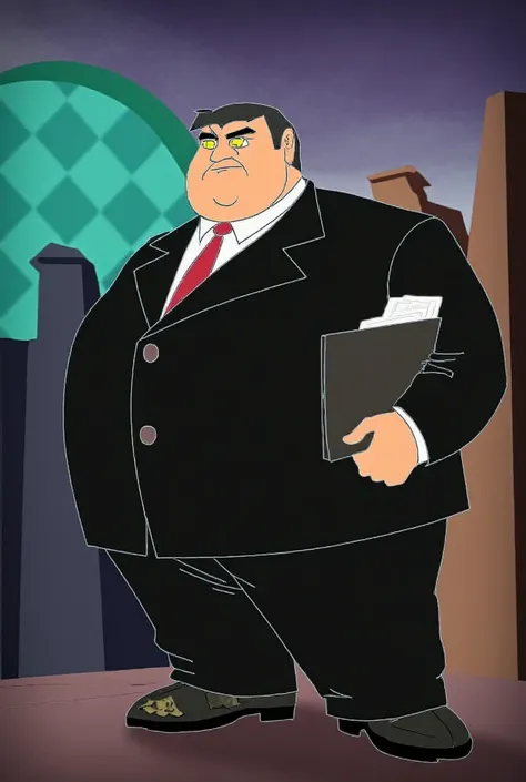 a beautiful concept art in the style of the cartoon Arcane by League of Legends, depicting a stout man in a business black jacket, tuxedo, buttoned up, full height, double chin, yellow eyes, black hair with a receding hairline in the middle, slightly gray,...