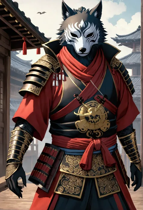 Create a character with clothing based on pirate clothing mixed with samurai armor mixed with ninja who is wearing a wolf mask that is detailed and better quality.