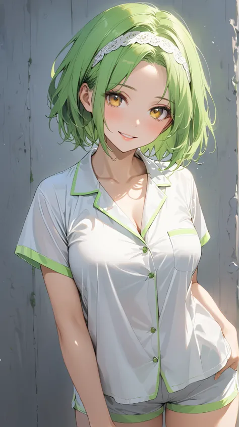 full body display ,semi realistic, Masterpiece, Master work, perfect , 4k, 1girl, young girl, mature body, medium size breast, short hair, middle parted hair style, showing forehead, wearing headband, neon green colored hair, yellow eyes, happy expression ...