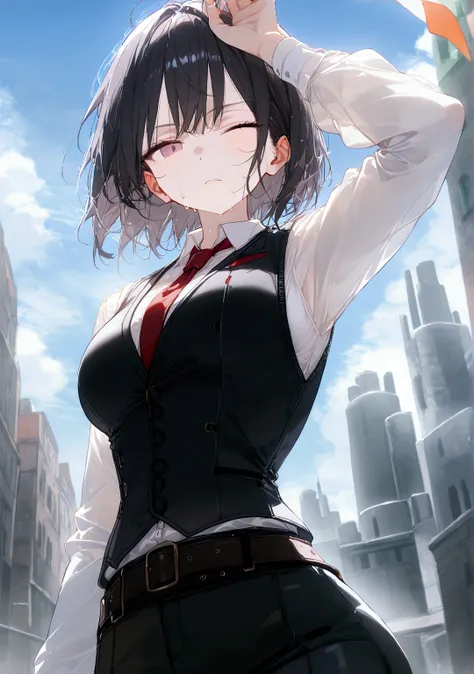 1girl, necktie, black_hair, solo, red_necktie, short_hair, shirt, black_vest, vest, one_eye_closed, black_eyes, white_shirt, belt, outdoors, sky, breasts, collared_shirt, long_sleeves, pants, looking_at_viewer, day, building, blue_sky, arm_up, closed_mouth...