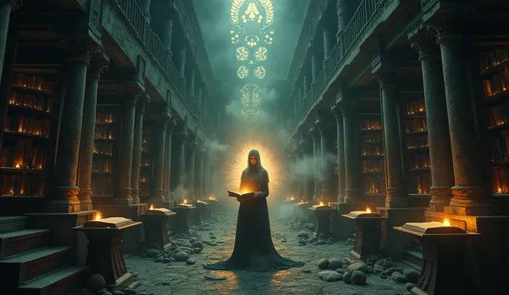 A surreal and highly detailed fantasy art scene showing a vast, shadowy library filled with glowing books and symbols of life, death, and the afterlife. At the center, a radiant figure reaches out to open a mysterious tome, its light illuminating their fac...