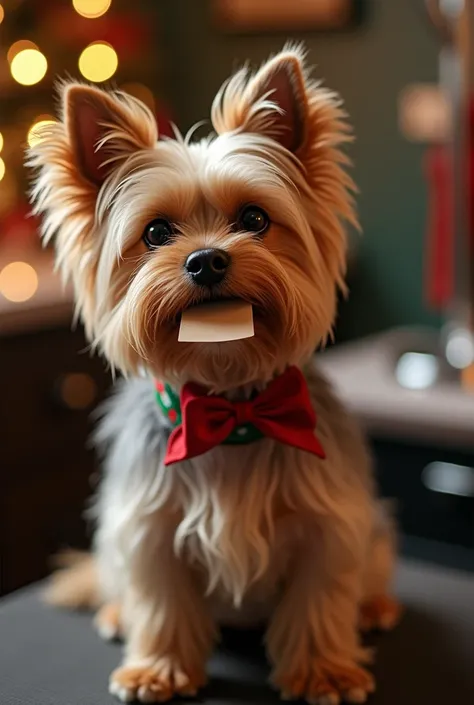 Yorkshire dog in dog grooming at Christmas, holding a paper 