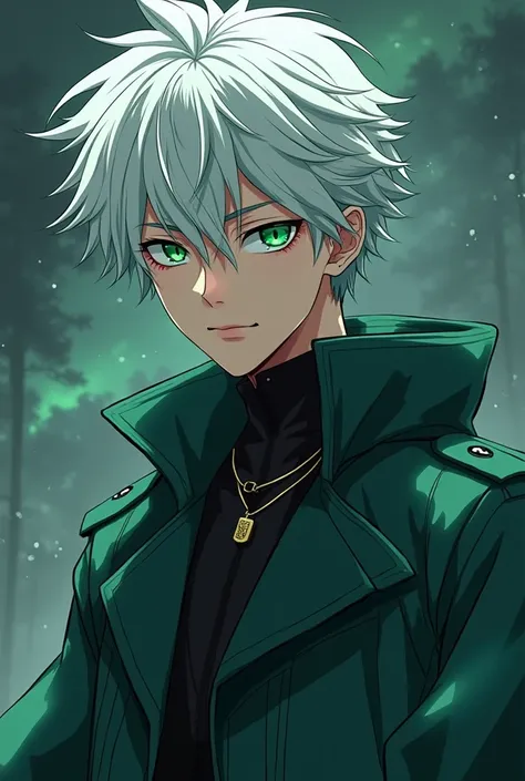 Age 13, white hair, green eyes, cool, handsome, anime style, stands cool and is already a man. 4 photos,