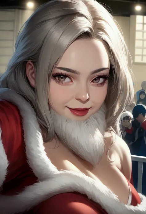 Realistic precision portrait, Young white-bearded woman in santa outfit, long white shaggy real natural beard and mustache, with long black and white mix hair and wearing beauty make-up, no wrinkles, beautiful eyes, soft skin, massive fur outfit, full body