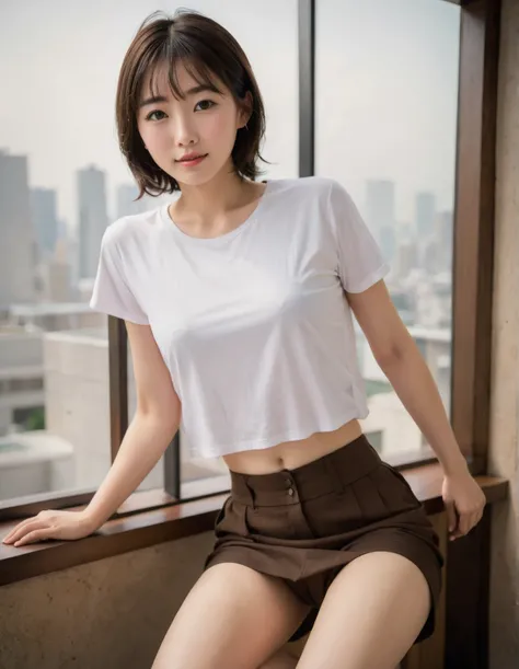 japanese woman in Luxury Tower Apartments, cute, (small smile:0.7), (high resolution detail of human skin texture:1.2,rough skin:1.2), (brown eyes,pupil), sit char, 
BREAK
(thin T-shirt),
(upper waist:1.4), (indirect lighting), Window light,