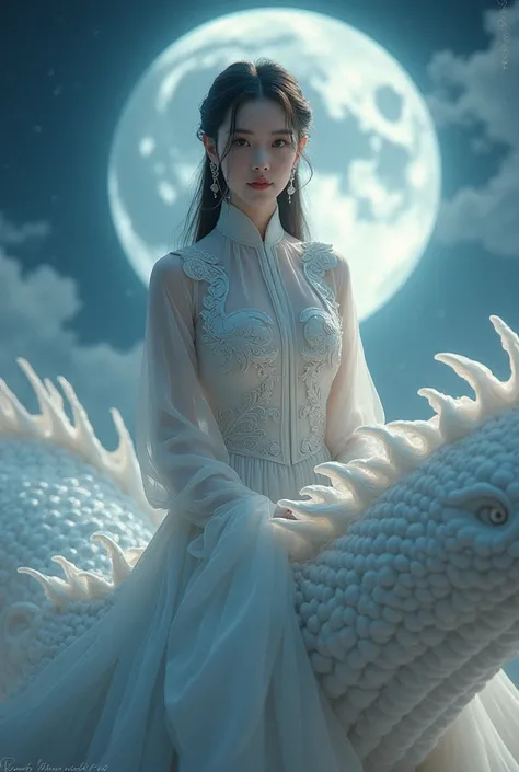 Cinematic realistic photo of a beautiful Korean woman wearing a long Chinese dress sitting on top of a white dragon staring at the camera against a backdrop of beautiful clouds decorated with full moon and stars 