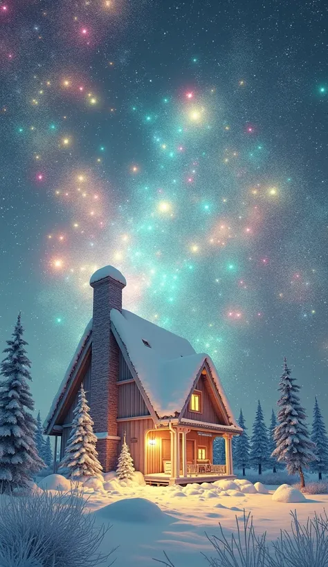 Made by AIS-RCN, 8K Photo, "words, Snow Scene、A house with a chimney、 The whole house is wrapped in illuminations The background is GALAXY  、The axis of the universe   、      Artistic Shots      、   7 color illumination  、     diamond dust falls     、     ...