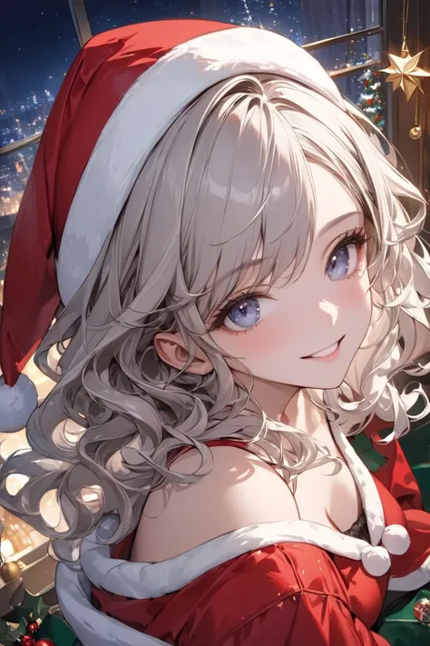 masterpiece, best quality, ultra detailed, 1girl, portrait, off shoulder christmas costume, platinum medium wavy hair, swept bangs, half smile, background night room, from above,