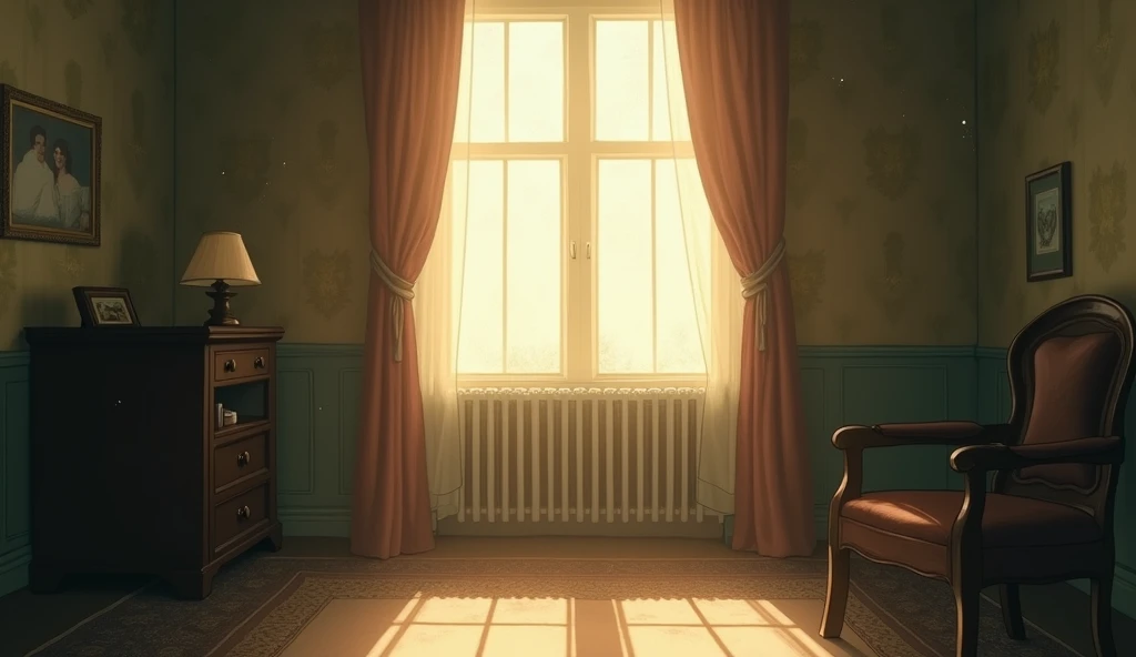  Dust lingered in the air as sunlight filtered through the heavy curtains, casting a soft glow on the faded wallpaper. 