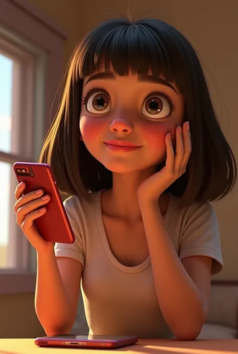 girl has a cell phone in her hand, next to her face, and the other hand is on her face, kind of in awe of what she sees, her eyes are wide, amazed by something. She has hair on her shoulders, a log bob cut, straight, and dark blonde. disney style, pixar, 3...