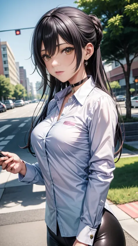 (Yaedef :1.4), 8K, highres,  ultra detailed , (masterpiece:1.4),  Best Quality , Sakuya Shirase, symmetrical body, beautiful, Alone, standing,  looking at the spectator, long ponytail black hair,  detailed face ,  looking at the spectator,,  beautiful eyes...