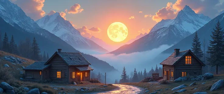 Daytime in the mountains ，houses，Mountain hut，Sun and Moon Shine Together（masterpiece：1.2）（photo） images of hope，清晨的street，street（Hyperreal：1.60）8k，The sun slowly rises ，Master photography