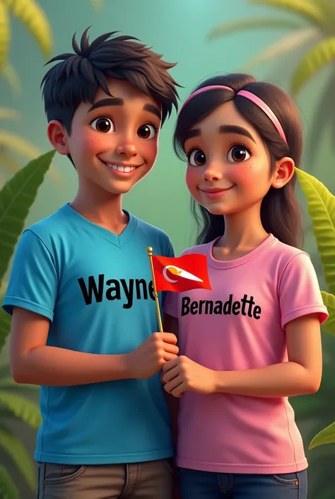 A boy wearing a shirt name Wayne and a girl wearing a shirt name Bernadette and holding a PAPUA NEW GUINEA Manus Province flag