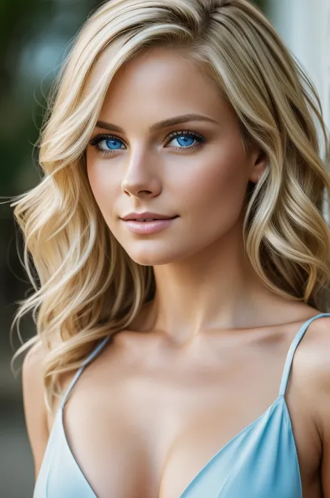 Very beautiful sexy blonde , breasts, light blue eyes, highly detailed, 35 years old, slim, innocent face, naturally wavy hair, high resolution, masterpiece, best quality, intricate high detail, highly detailed, sharp focus, detailed skin, realistic skin t...