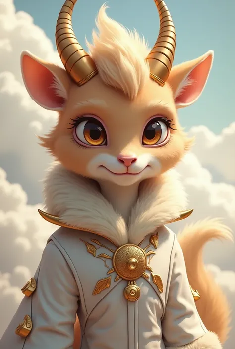 The character has a cute and striking design. The light cream skin tone accentuates the facial features, while the brown fur provides a warm appearance. The golden horns add a sense of luxury and power to the character. The white and gold details in the co...