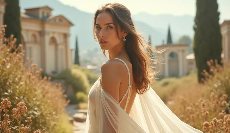 A serene and ethereal woman with brun hair stands in the midst of a dreamlike landscape, surrounded by delicate Roman relics and lush vegetation, reminiscent of a soft watercolor. Her transparent gown dissolves into her smooth, creamy skin, recalling a del...