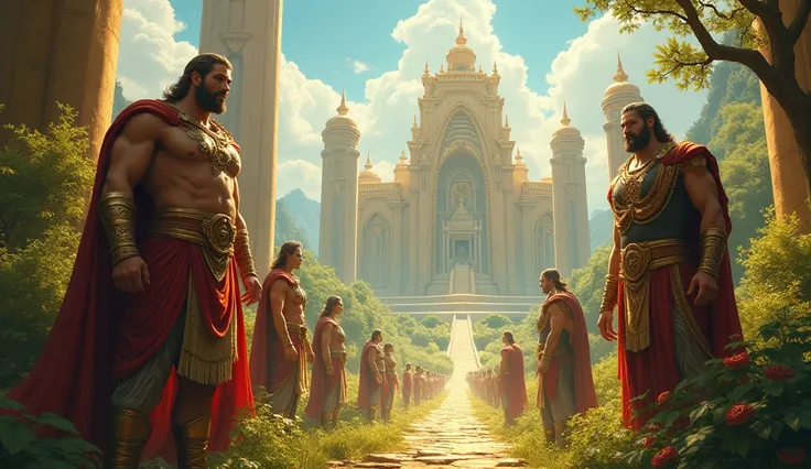 A very clear ultra hd dynamic image of"A lush green valley with tall, majestic buildings featuring massive pillars, people with tall, muscular physiques wearing ornate clothing, and an air of arrogance on their faces, under a bright and sunny sky, 1024x102...