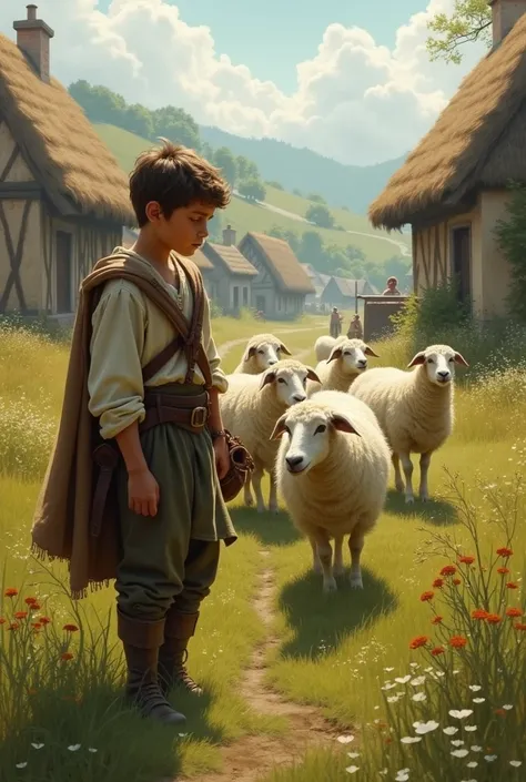 A young medieval villager raising animals was in a semi-wild meadow looking at peoples faces.