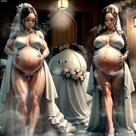 (hyper pregnant:1.5). lesbian kiss. high heel. very very long hair. ponytail. stockings. (hyper breast:1.5). (hyper hips:1.5). kissing. lake. walking. (muscles:1.5). (muscled:1.5). bra. pants. kimono. (hyper high:1.5). open coat. latex. tattoos. torn. grow...