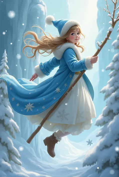 snow maiden in a blue coat with pigtails in a hat flies on a staff