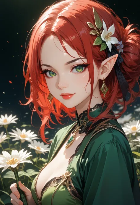 Elf princess Girl 1,sexy,beautiful, fair skin, black eyeliner, green eyes, holds a fan in her hand,hkwarrior, bright colors,Shine,long red hair,Clear drawing of details,masterpiece,maximum ideal traits,Средняя beautiful Грудь,Body parts are visible,cloth,g...