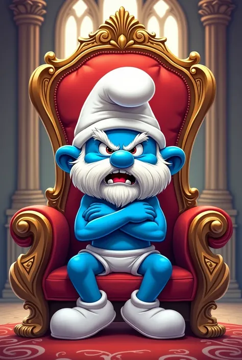 Create a cartoon sticker of an angry daddy Smurf sitting on a kings throne