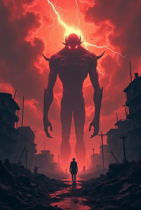 An anime picture of a collapsed country, with an orange-red sky with thunderstorms and thunderstorms, and monsters in the middle of the picture.
