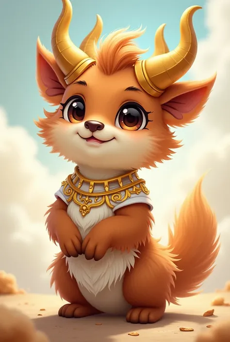 The character has a cute and striking design. The light cream skin tone emphasizes facial features, while the brown fur provides a warm appearance. Golden horns add a sense of luxury and power to the character. The white and gold details in the costume cre...