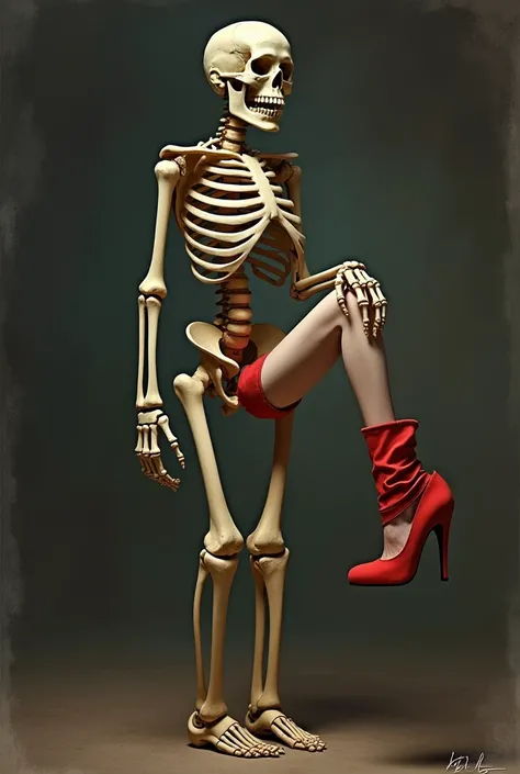 A collage of a smiling skeleton , holding in his hand a severed leg of a pin-up woman,  who still has a red heel shoe 