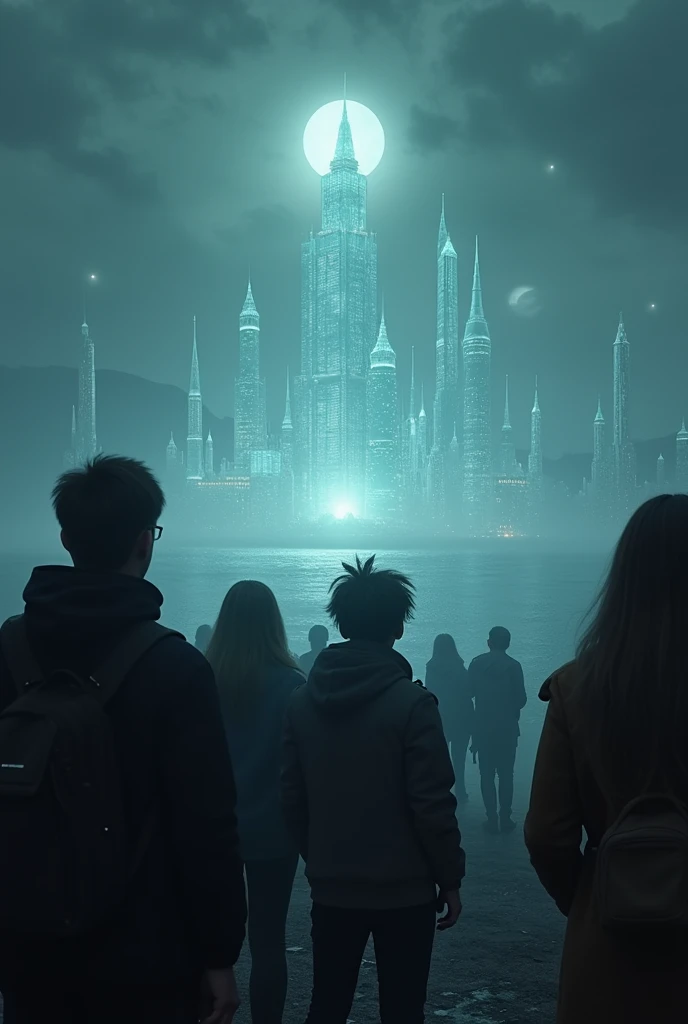 Prompt:
"People gazing at a distant, mysterious glass city with expressions of wonder and fear, the city glowing faintly under the moonlight, surrounded by an eerie stillness."