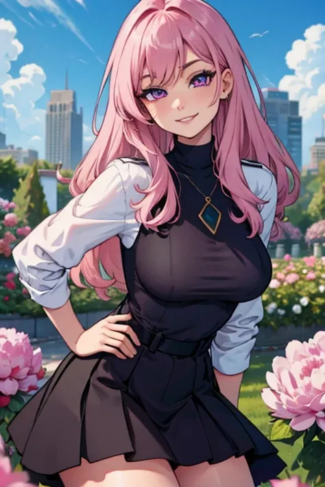 Perfect face. Perfect hands. A pink haired woman with violet eyes with an hourglass figure in a black sweater and a cute white skirt is leaning forward in a garden of peonies with a tired smile