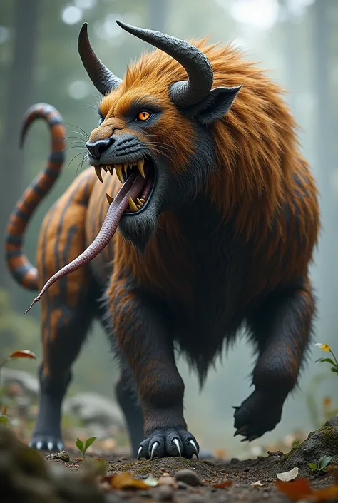 Mystical hybrid animal from : 

Hairy like a Bison 
Tiger print 
Long tongue
Sharp teeth 
Scorpions tail 
There are two fangs on the head 