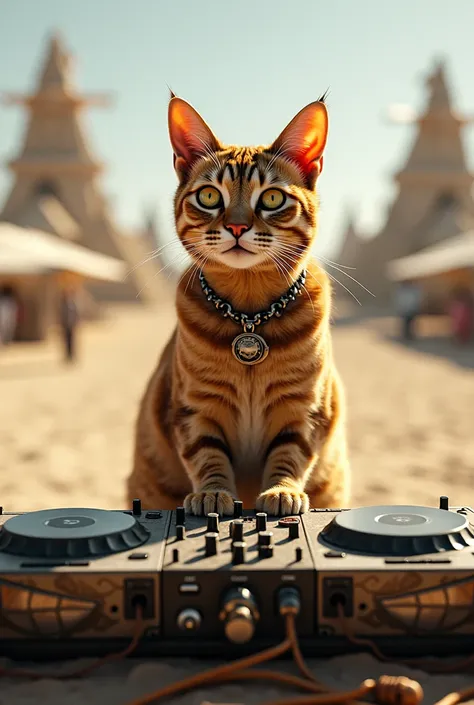 The cat stands behind the DJ console at Burning Man. Super realistic, high detail, lots of details