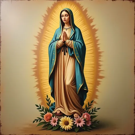 Roman Apostolic Catholic Our Lady of Guadalupe Oil Painting, with flowers on the feet, with robe with golden stars 