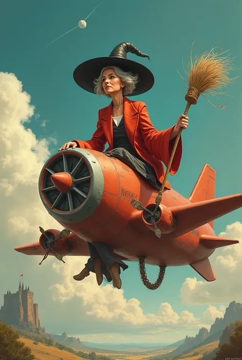 Create poster with flying broom-Boing type airplane elements with the fairy tale Salome Zourabichvili look alike  old witch on it who is flying towards France 