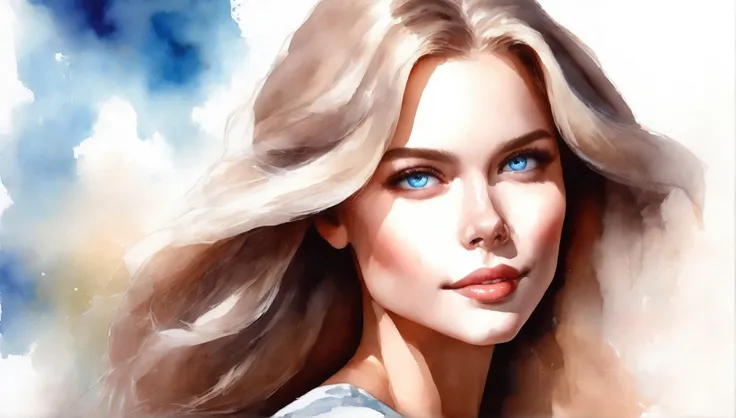  Painting of a woman with long blond hair and blue eyes,  cute realistic painting , digital painting in watercolor, Painting of the beautiful , Realistic watercolor, high quality portrait,  Watercolor Painting ,  Watercolor Painting  style,  high quality d...