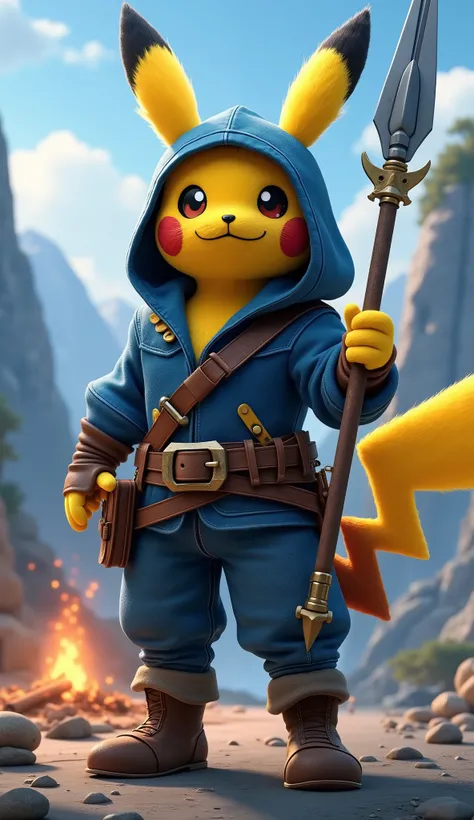 "An image of Pikachu ,  with heroic appearance and confident posture .  She is dressed as a medieval adventurer ,  wearing a blue hooded jacket ,  leather belt with bags , and tight jeans .  His sturdy boots and plush details in yellow complement The visua...