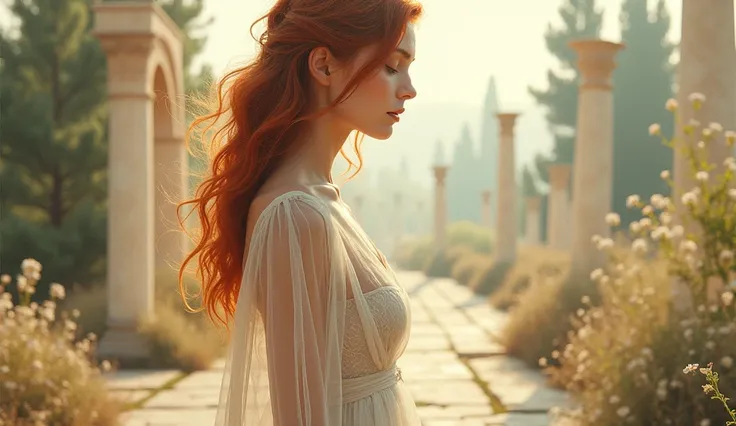  Photoréalisme, Vue latérale,A serene and ethereal woman with red hair stands in the midst of a dreamlike landscape, Photoréalisme, Vue de dessous, surrounded by delicate Roman relics and lush vegetation, reminiscent of a soft watercolor. Her transparent g...