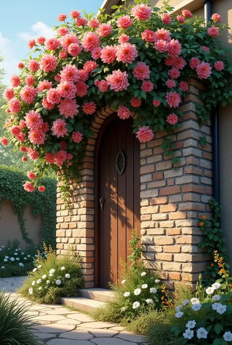 A house wall decorated with pretty flowers,  Let it be realistic