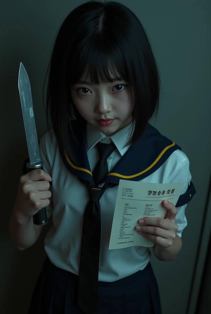 a scary girl korean student holding a list and a knife