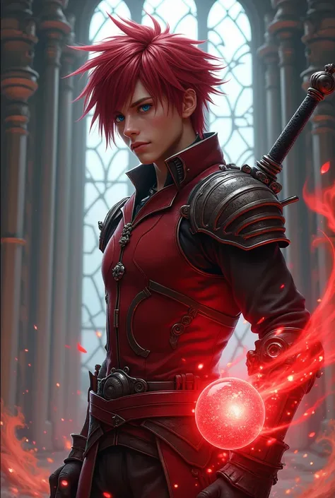 Create final fantasy style a handsome young boy with short red hair with blue eyes wearing a red metallic vest with white details with a black demonic sword on his back with a red pulsating energy sphere in a medieval castle 