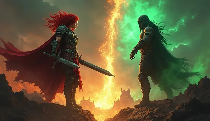 Create a THUMBNAIL,WRITE TEXT BOLD:"Dark Sorcery and Steel     Barbarian  vs Necromancer", A visually striking image of the barbarian warrior, clad in battle-scarred armor, wielding a massive sword. Her fiery red hair flows against a backdrop of a stormy, ...