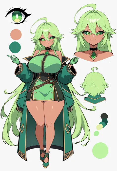 ((masterpiece)),(((best quality))),(character design sheet, same character, front, side, back), illustration, male,  big chest, feminine, tan skin, green eyes, green sclera, ahoge, absurdly long hair, green hair, green gloves, hair over eyes, hair between ...