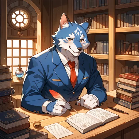 score_9, score_8_up, score_7_up, score_6_up, score_5_up, score_4_up, source_furry, hires, masterpiece(1boy, kemono, furry, anthro)guild receptionist, looking at viewer, wooden counter, quill pen, documents on counter, professional attire, business smile, f...