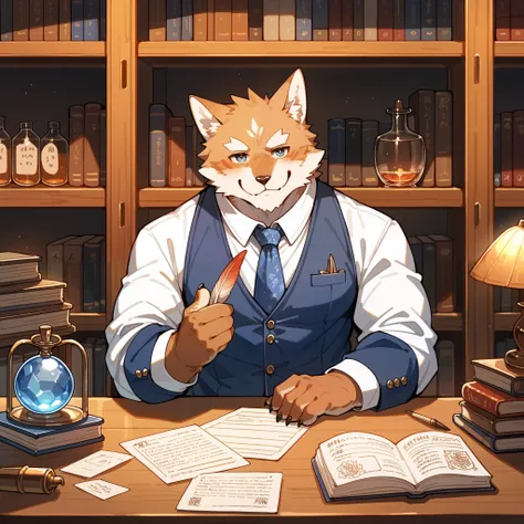 score_9, score_8_up, score_7_up, score_6_up, score_5_up, score_4_up, source_furry, hires, masterpiece(1boy, kemono, furry, anthro)guild receptionist, looking at viewer, wooden counter, quill pen, documents on counter, professional attire, business smile, f...